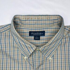 Brooks Brothers Shirt Blue Gray White Check Casual LS Button-Down Mens Size XL